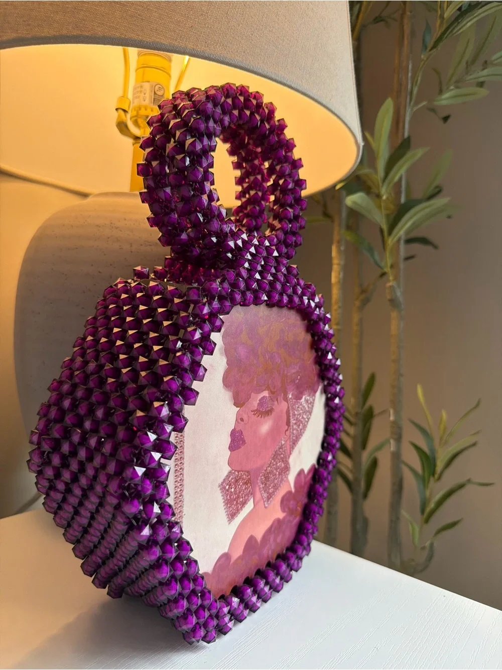 Purple Beaded Heart Handbag with Circular Handle - Women Accessories